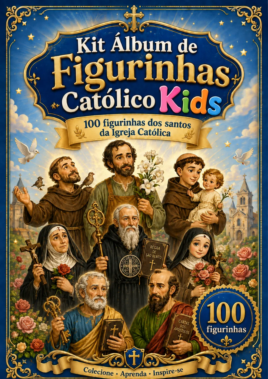 Kit Álbum de Figurinhas Católico Kids — 100 figurinhas dos santos, Nossa Senhora, Jesus e anjos