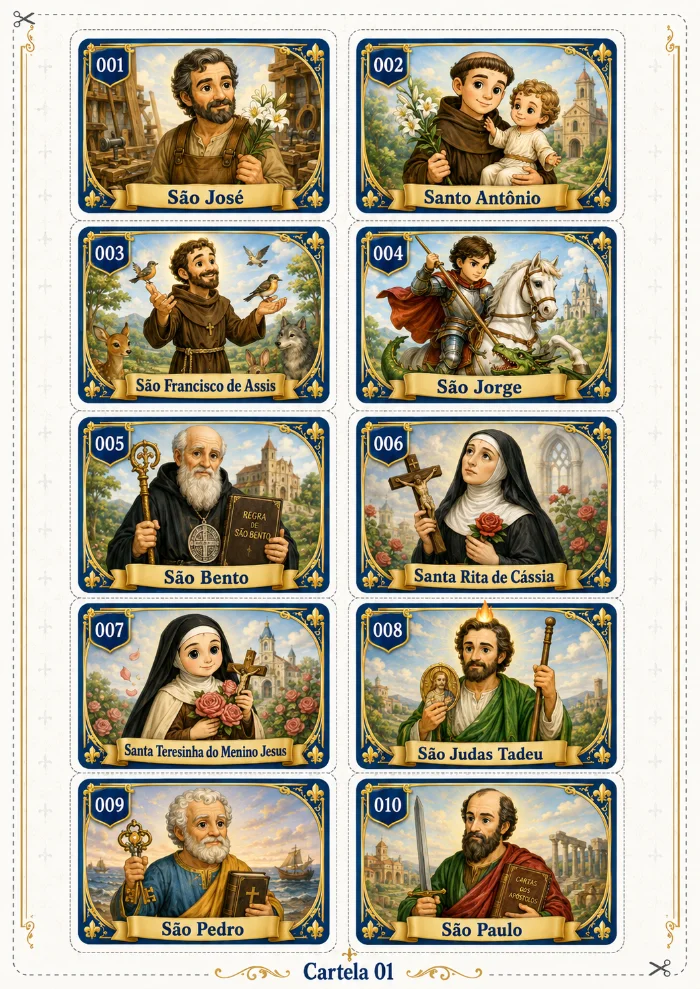 Cartela com as figurinhas dos santos, Nossa Senhora, Jesus e anjos para recortar