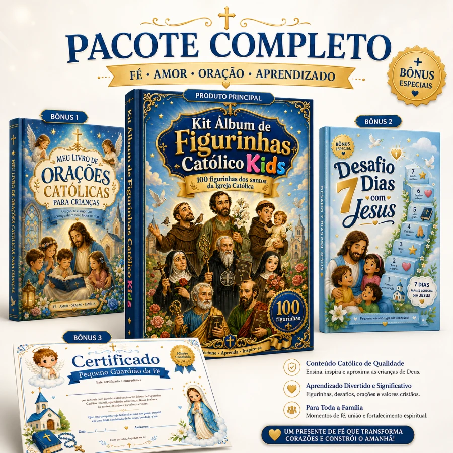 Pacote completo: Kit Álbum de Figurinhas + Livro de Orações, Desafio 7 Dias e Certificado